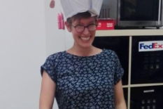 Katharina Kitzinger after the defensio wearing a funny hat